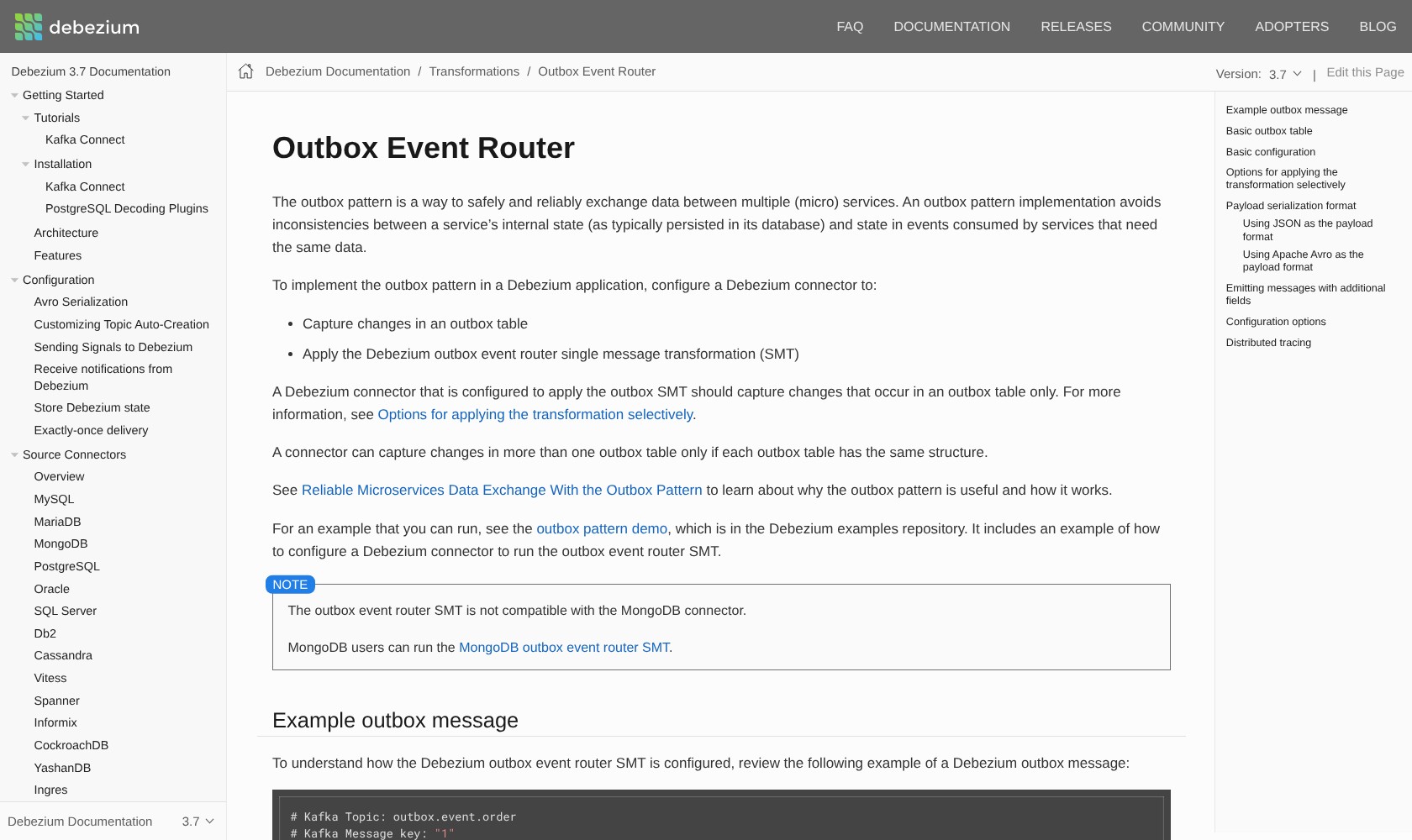 Debezium outbox event router documentation showing the capture and routing steps.