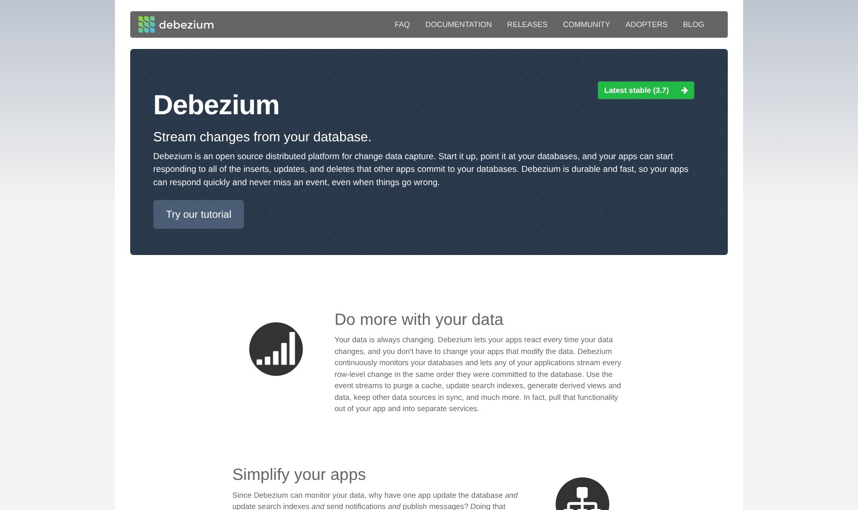 Debezium official homepage introducing change data capture.