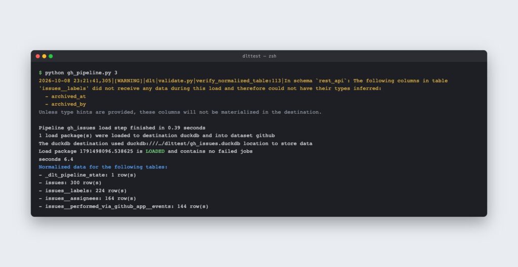 dlt first pipeline run loading GitHub issues into DuckDB
