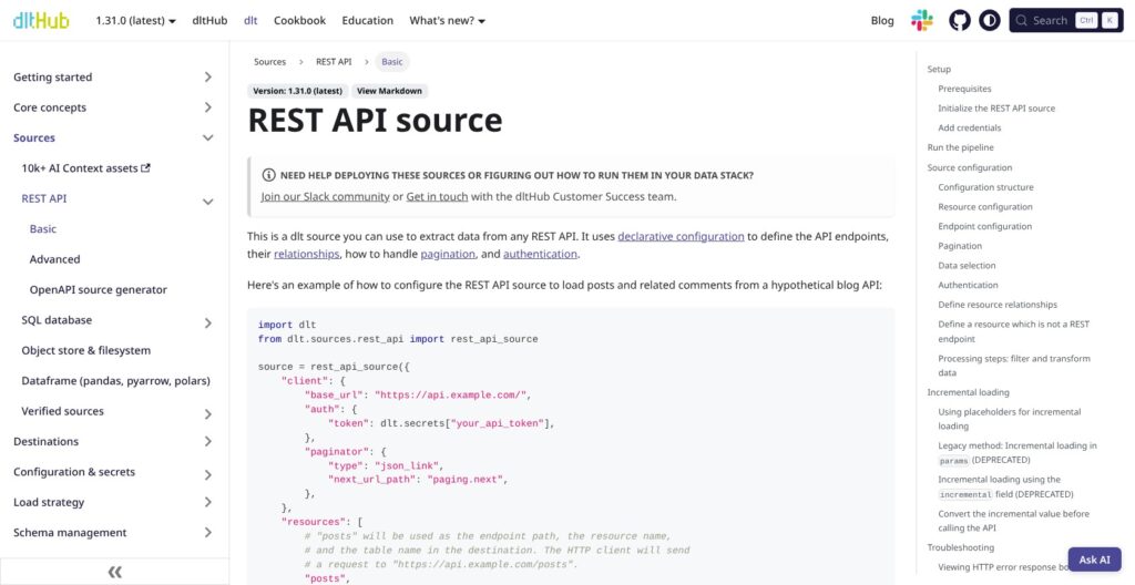 dlt REST API source documentation, October 2026