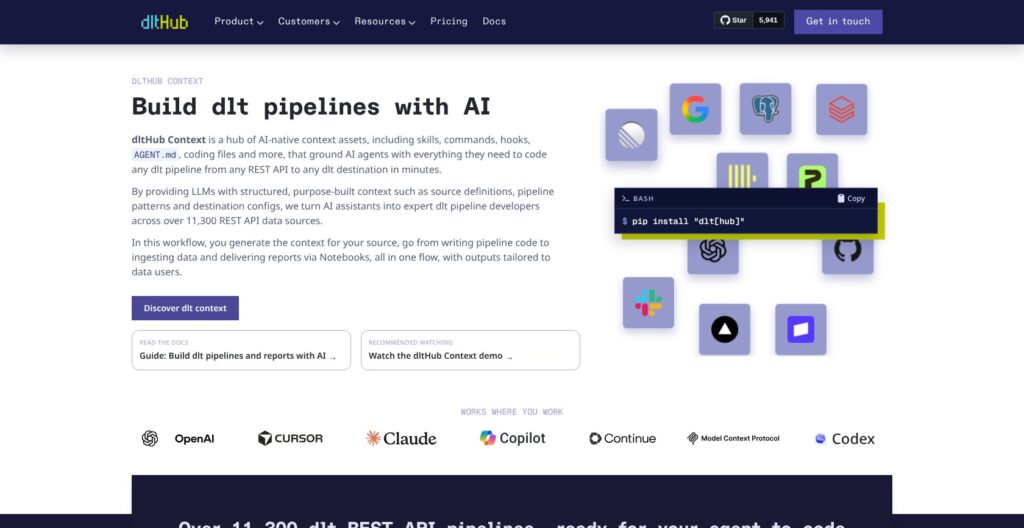 dltHub Context page for building dlt pipelines with AI, October 2026
