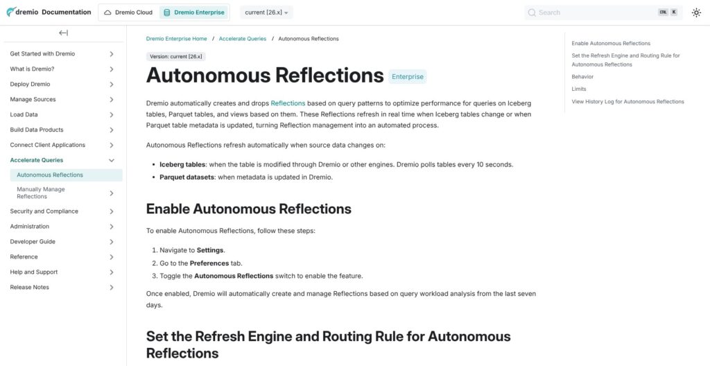 Dremio Autonomous Reflections documentation, October 2026