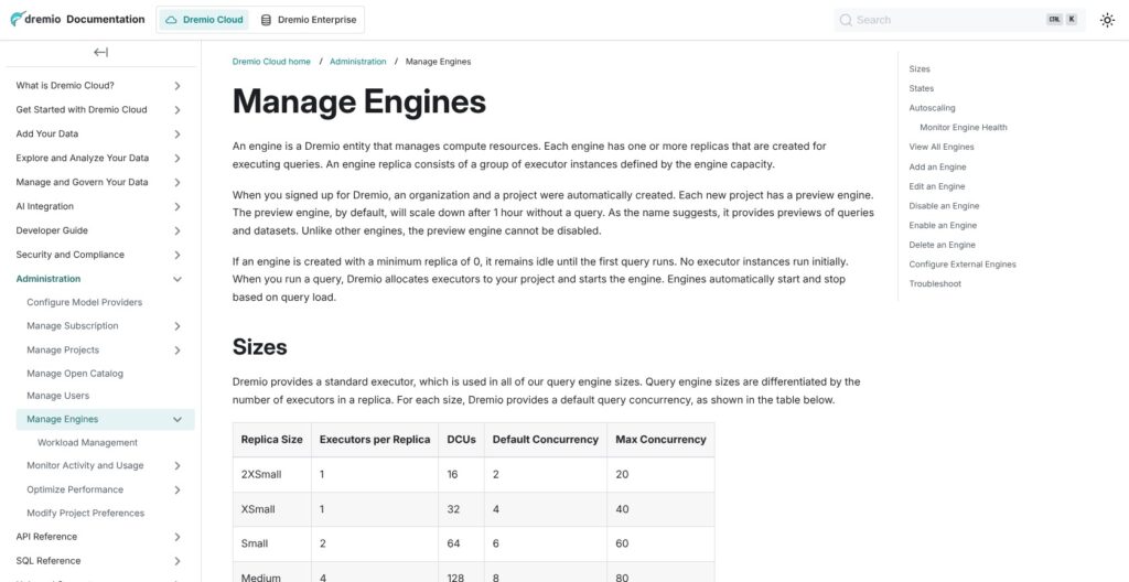 Dremio Cloud engines documentation, October 2026