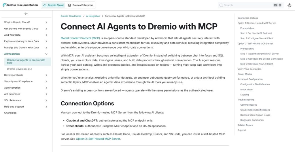 Dremio MCP server documentation, October 2026