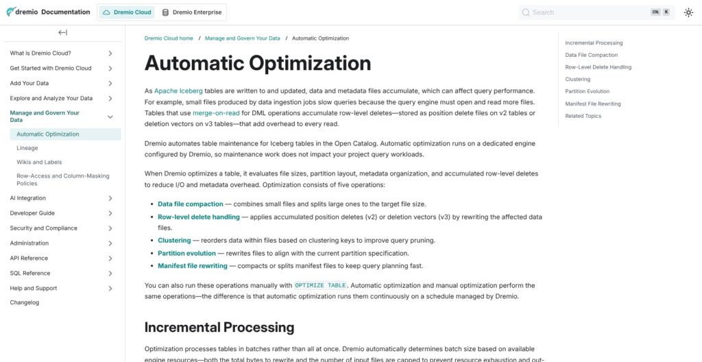 Dremio automatic Iceberg optimization documentation, October 2026