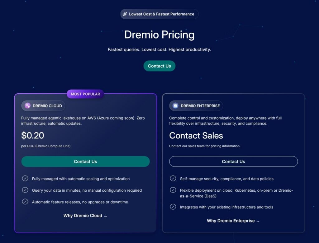 Dremio pricing page, October 2026