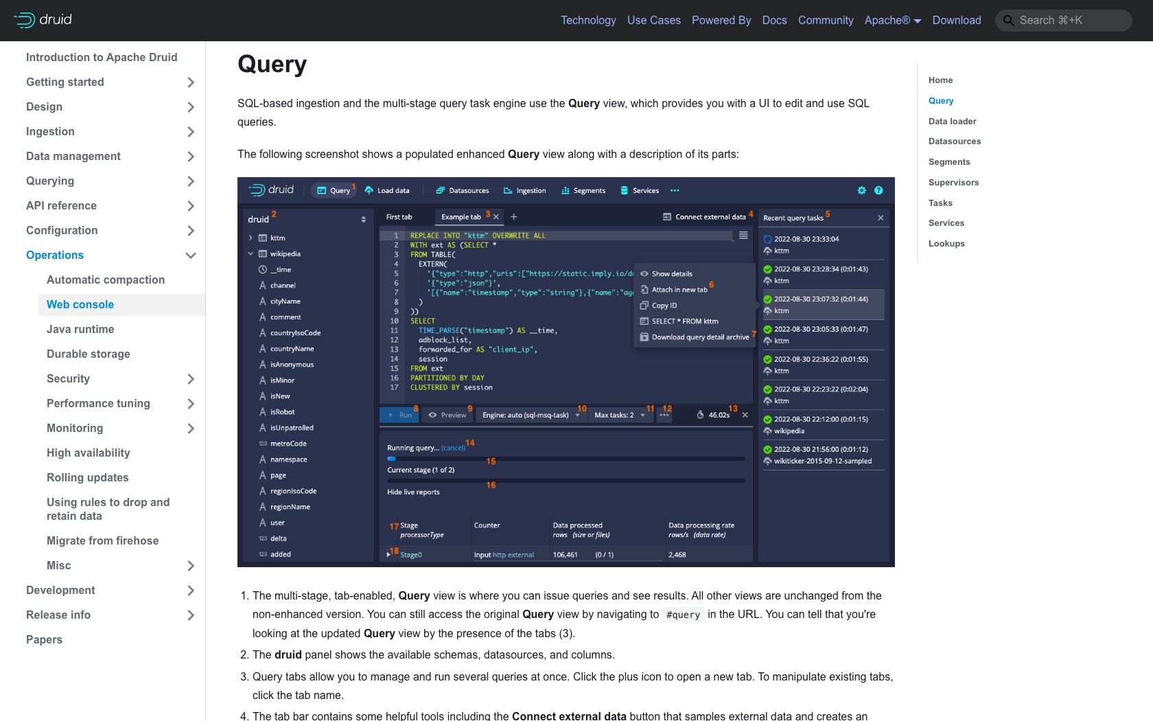 Apache Druid documentation showing its web console and operational views.