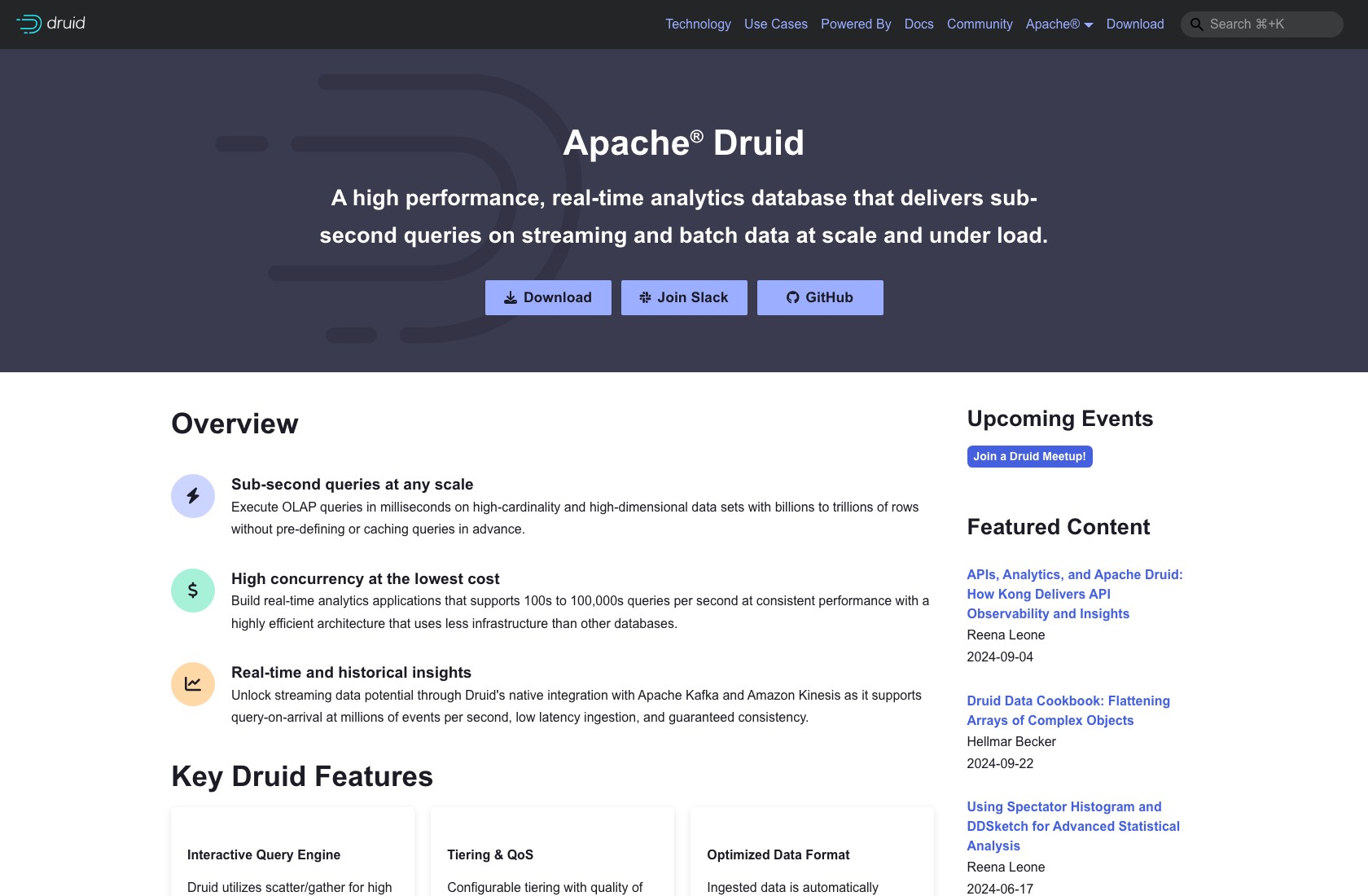 Apache Druid homepage introducing its real-time analytics database.