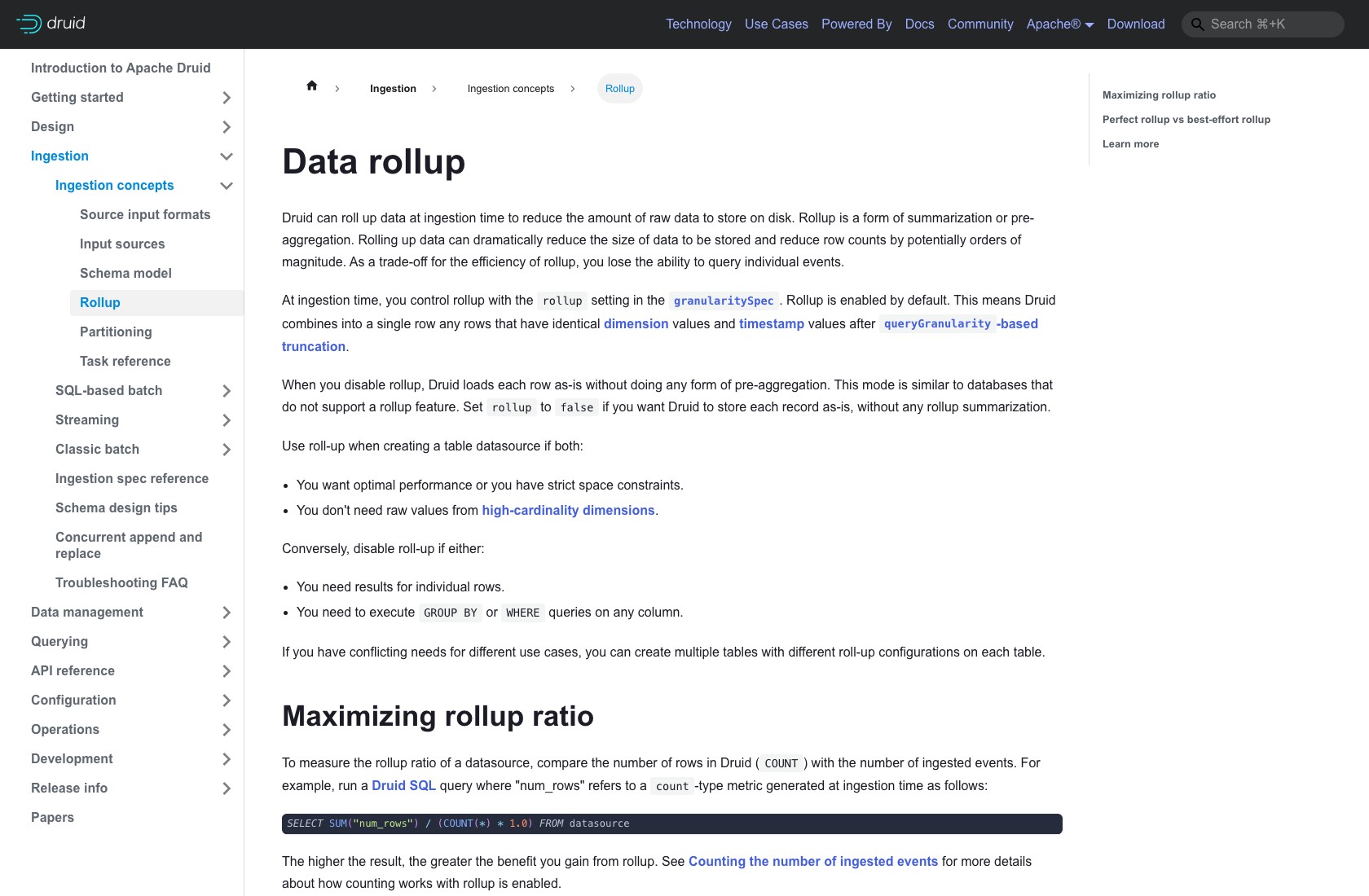 Apache Druid documentation explaining ingestion-time data rollup.