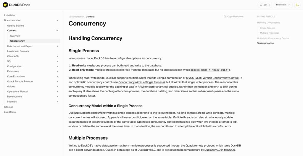 DuckDB concurrency documentation, October 2026