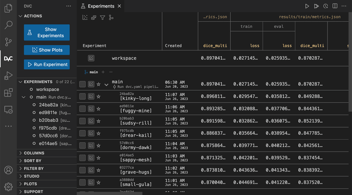 DVC experiment table in VS Code showing runs and metric columns