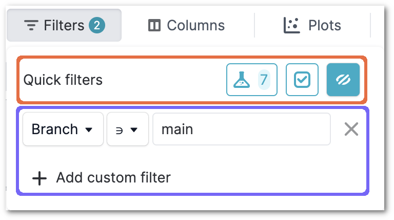 DataChain Studio experiment filters with the main Git branch selected