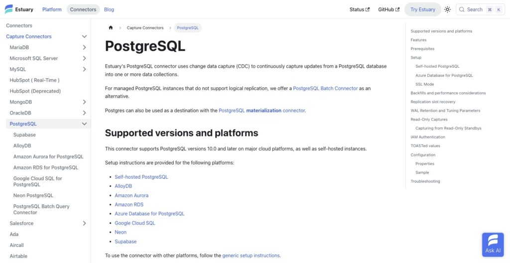 Estuary PostgreSQL capture connector guide, October 2026
