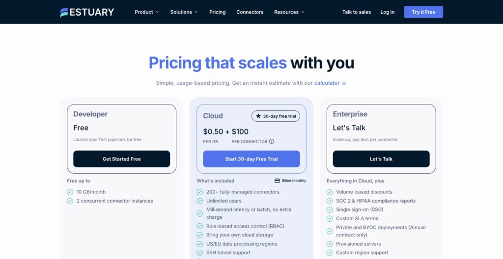Estuary pricing page, October 2026