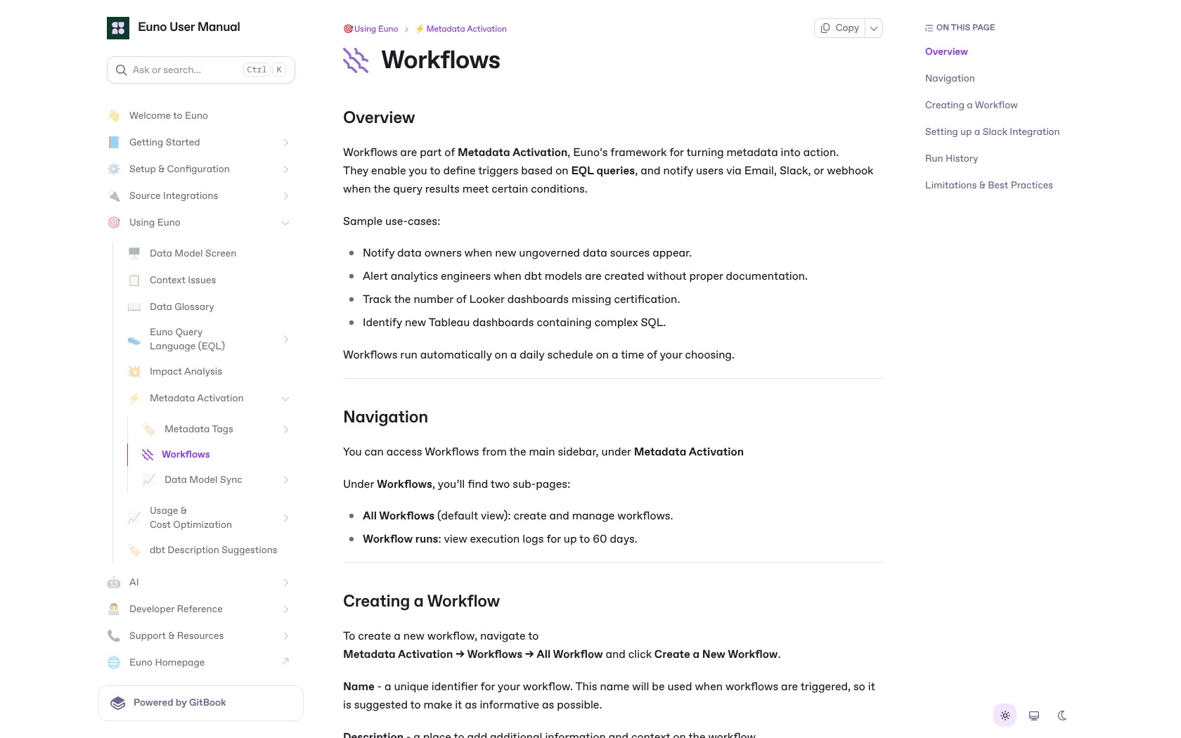 Euno governance workflows documentation, October 2026