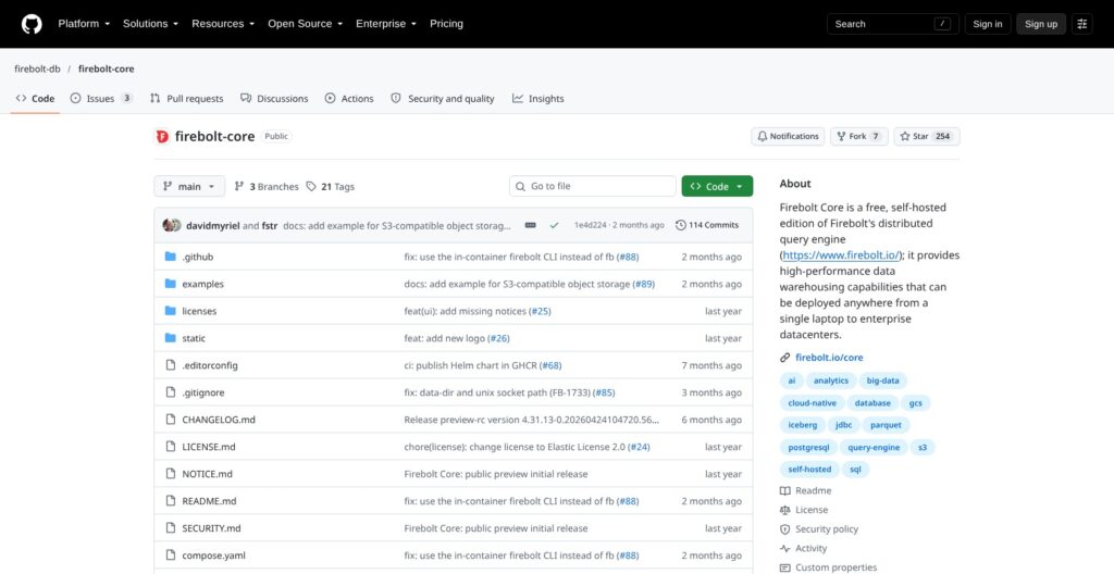 Firebolt Core GitHub repository, October 2026