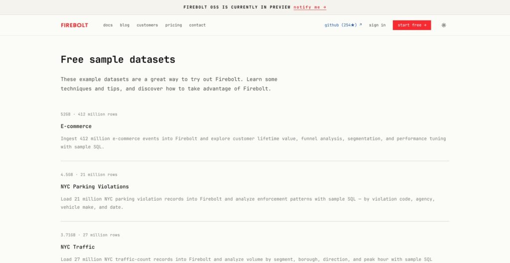 Firebolt free sample datasets, October 2026