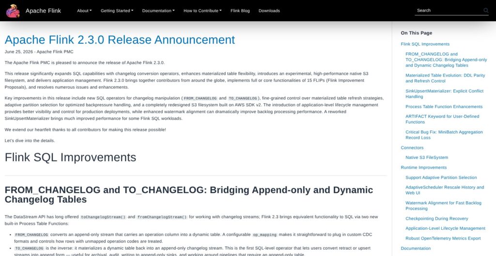 Apache Flink 2.3.0 release announcement, October 2026