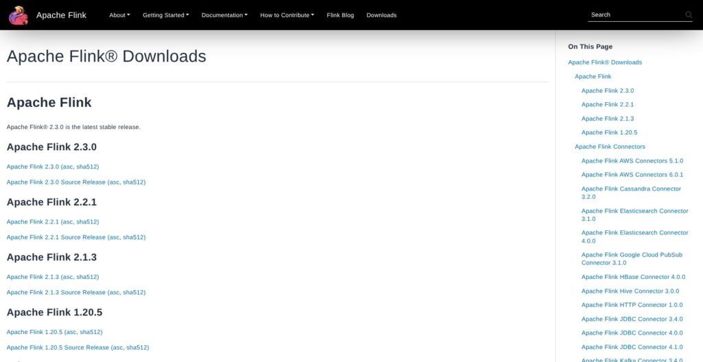 Apache Flink downloads page with connector compatibility, October 2026