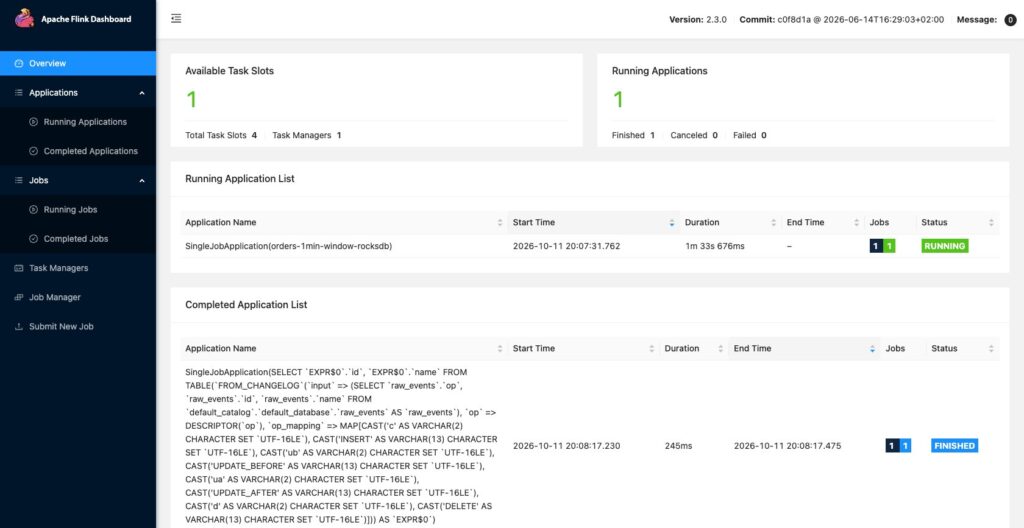 Apache Flink 2.3 Web UI overview on my local cluster, October 2026