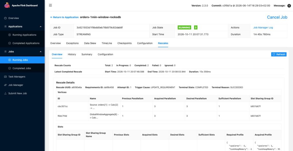 Flink 2.3 Web UI Rescales tab after a live rescale, October 2026