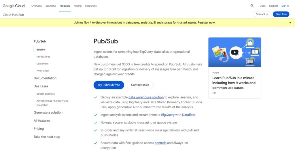 Google Pub/Sub product page, October 2026