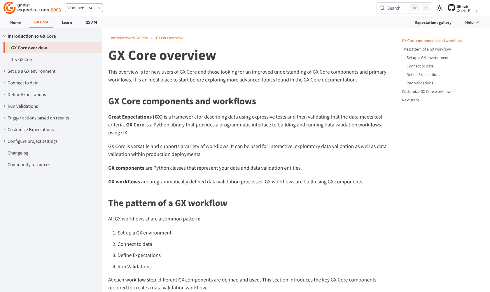 GX Core documentation showing the four-step validation workflow