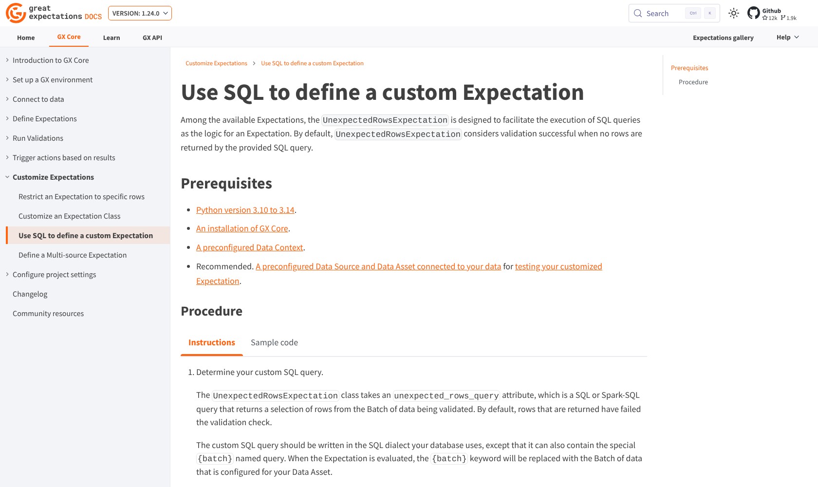 GX Core documentation explaining custom SQL Expectations