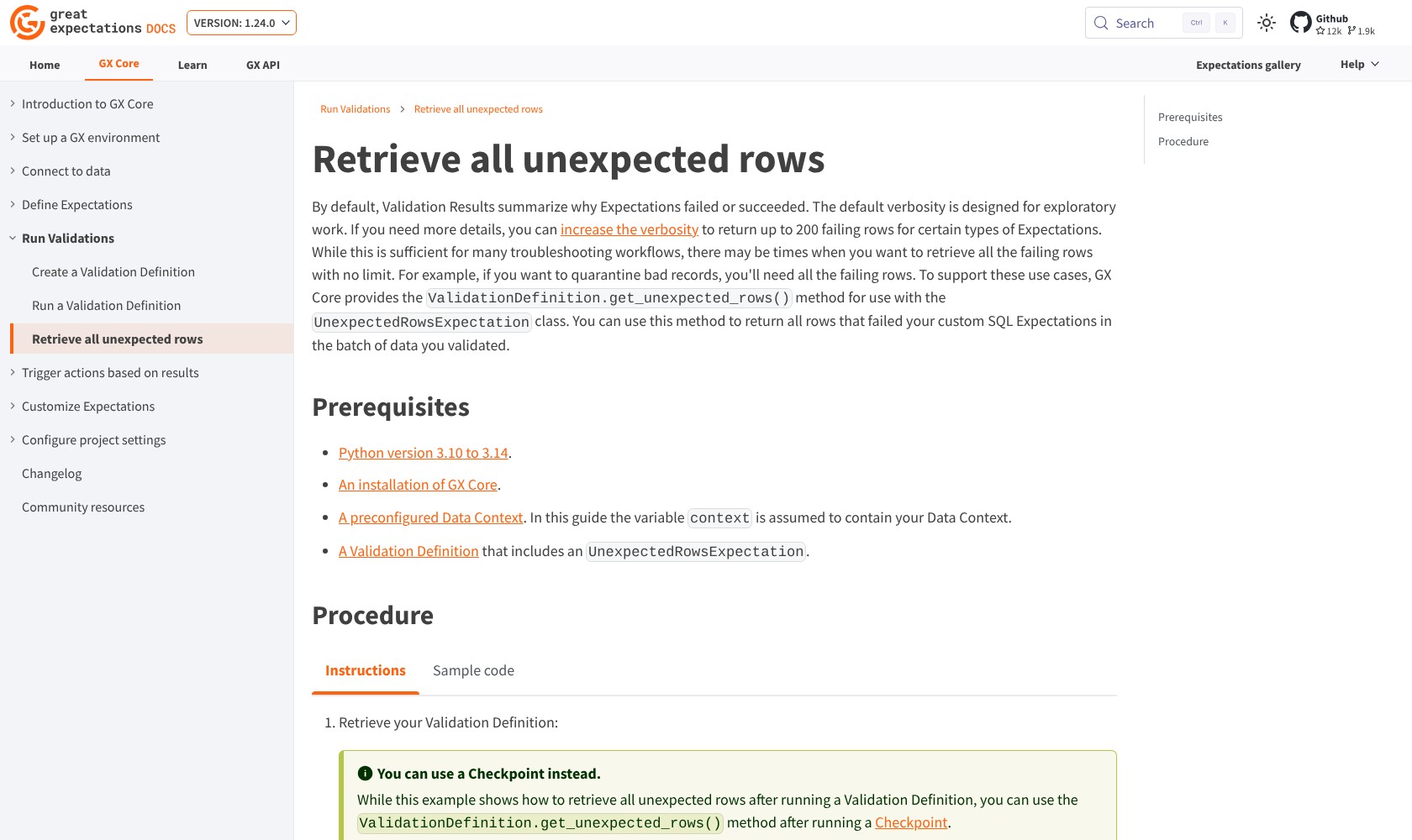 GX Core documentation explaining unexpected-row retrieval and result limits