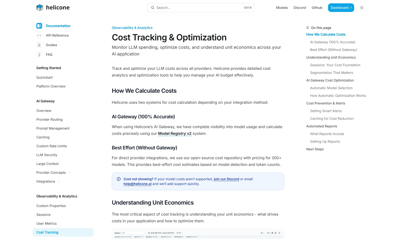 Helicone cost-tracking documentation comparing AI Gateway cost calculation with best-effort estimates.