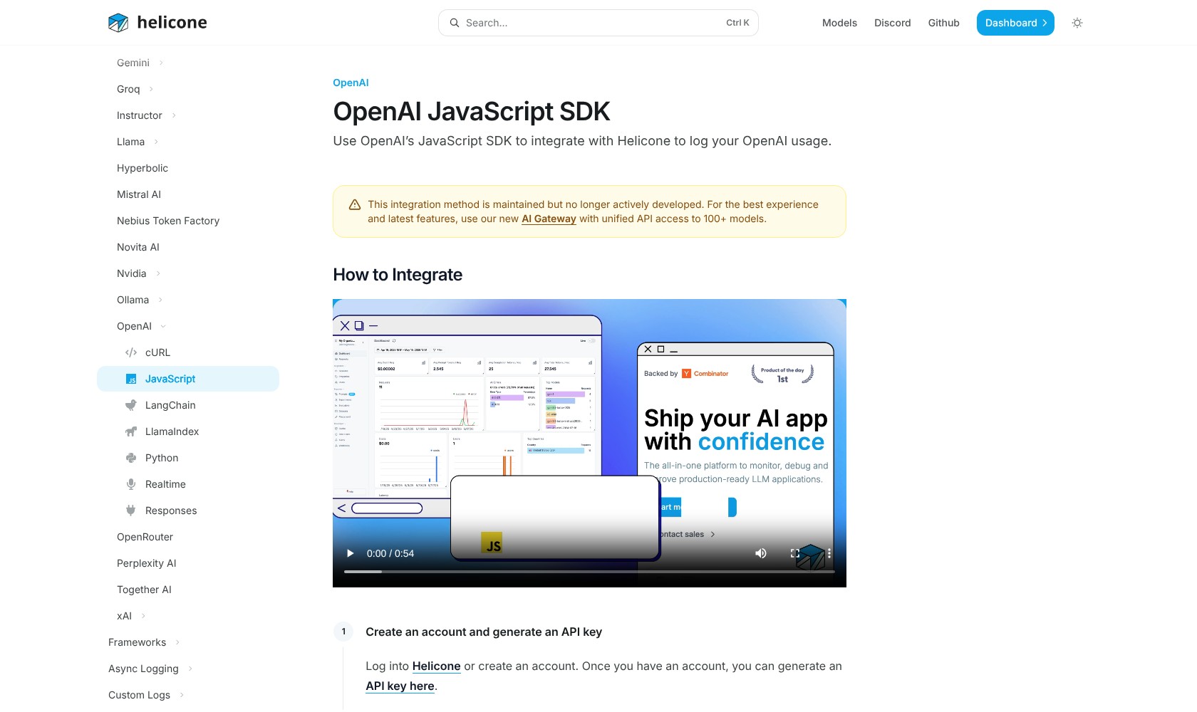 Helicone OpenAI JavaScript SDK guide showing the maintenance notice and integration tutorial.
