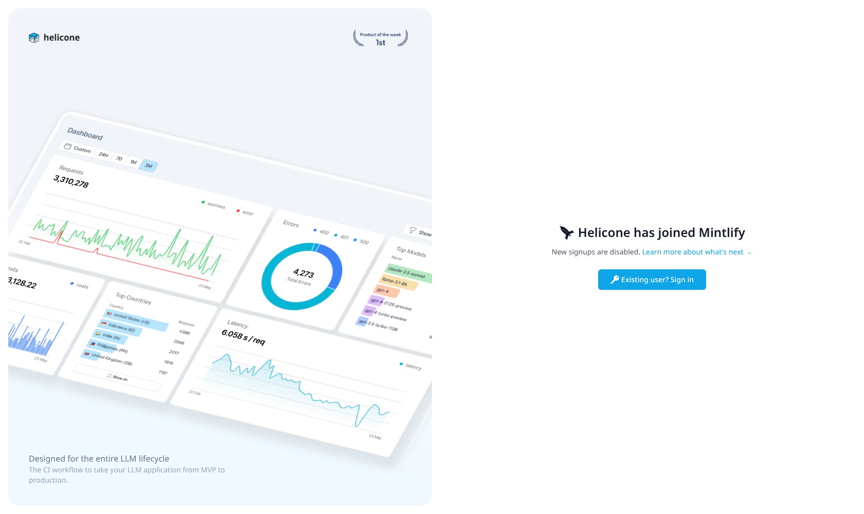 Helicone sign-in page showing the Mintlify announcement and disabled new signups.