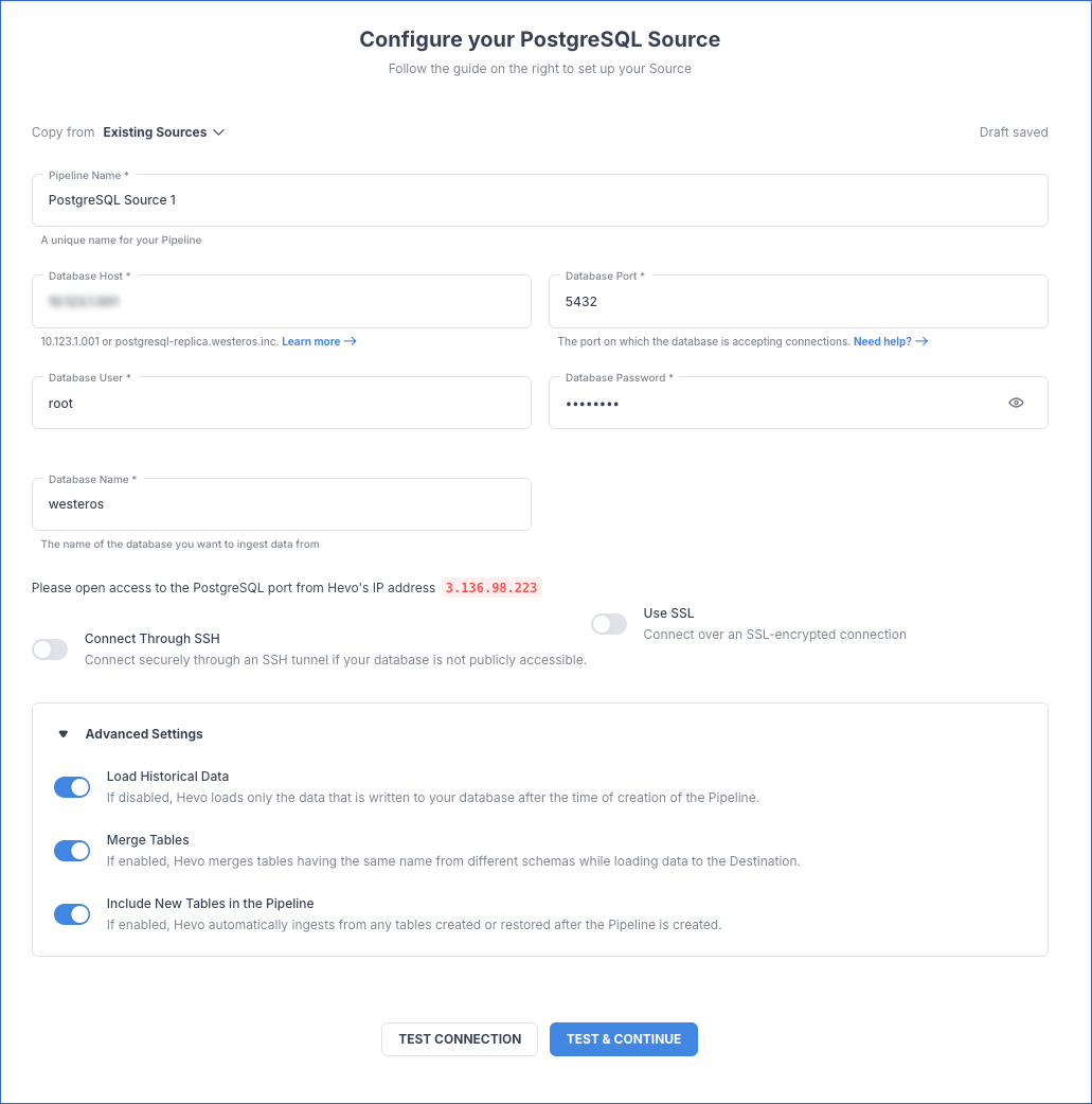 Hevo PostgreSQL source settings for database access, SSH, SSL, and historical data