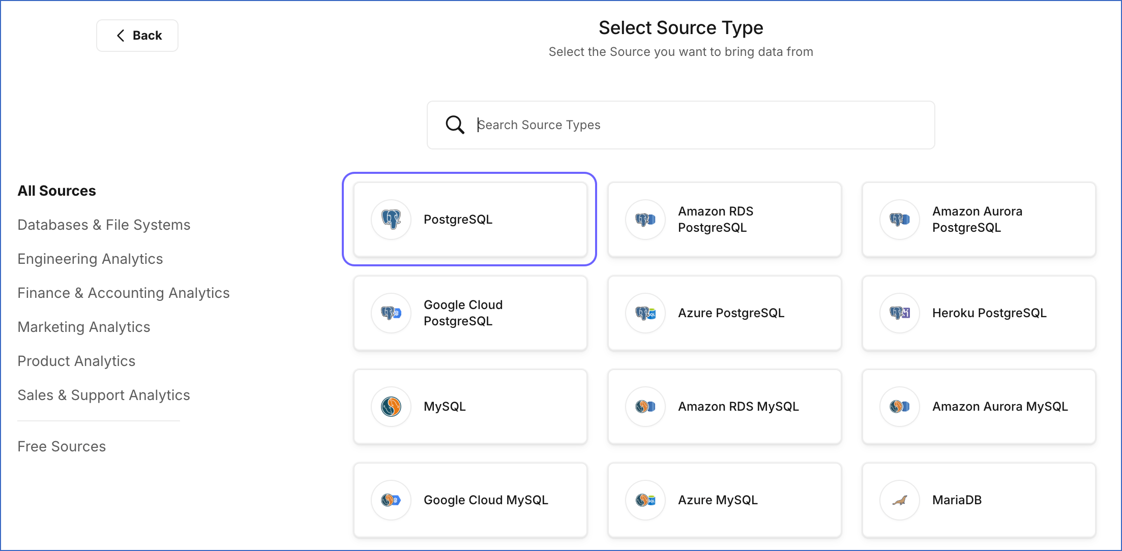 Hevo source selection screen with PostgreSQL and other database connectors