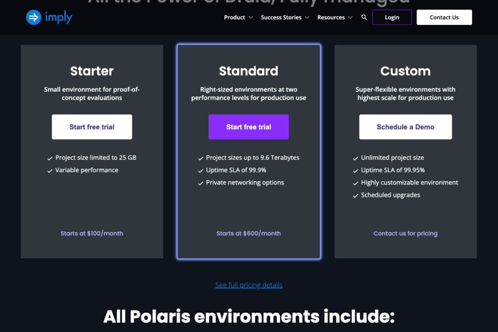 Imply Polaris pricing cards for Starter, Standard, and Custom
