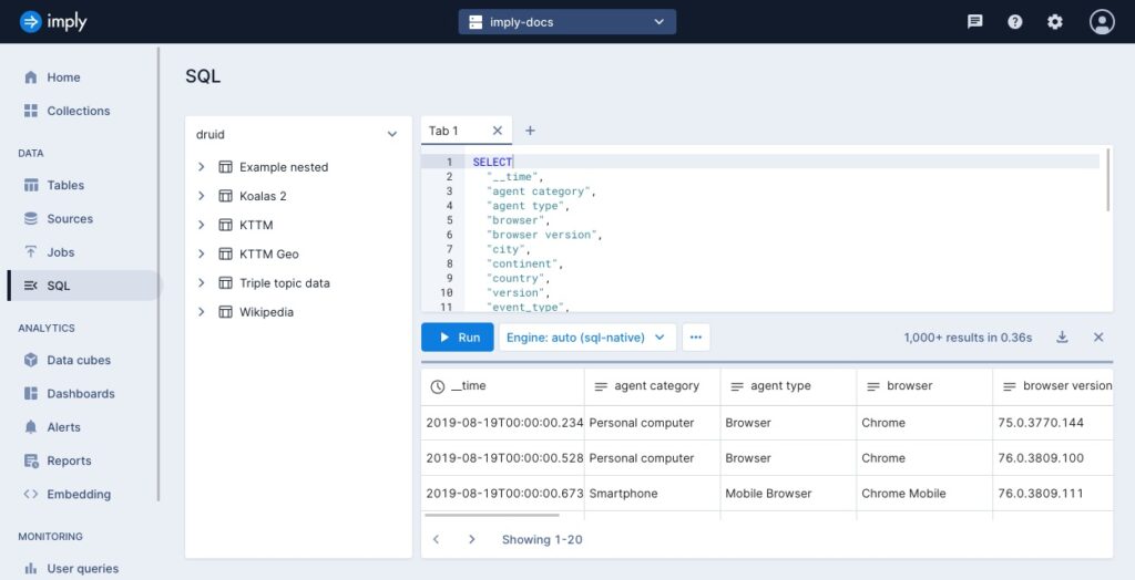 Imply Polaris SQL workbench with a query and results