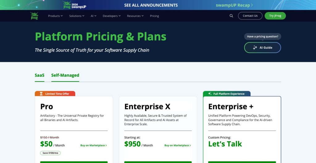 JFrog pricing plans, October 2026
