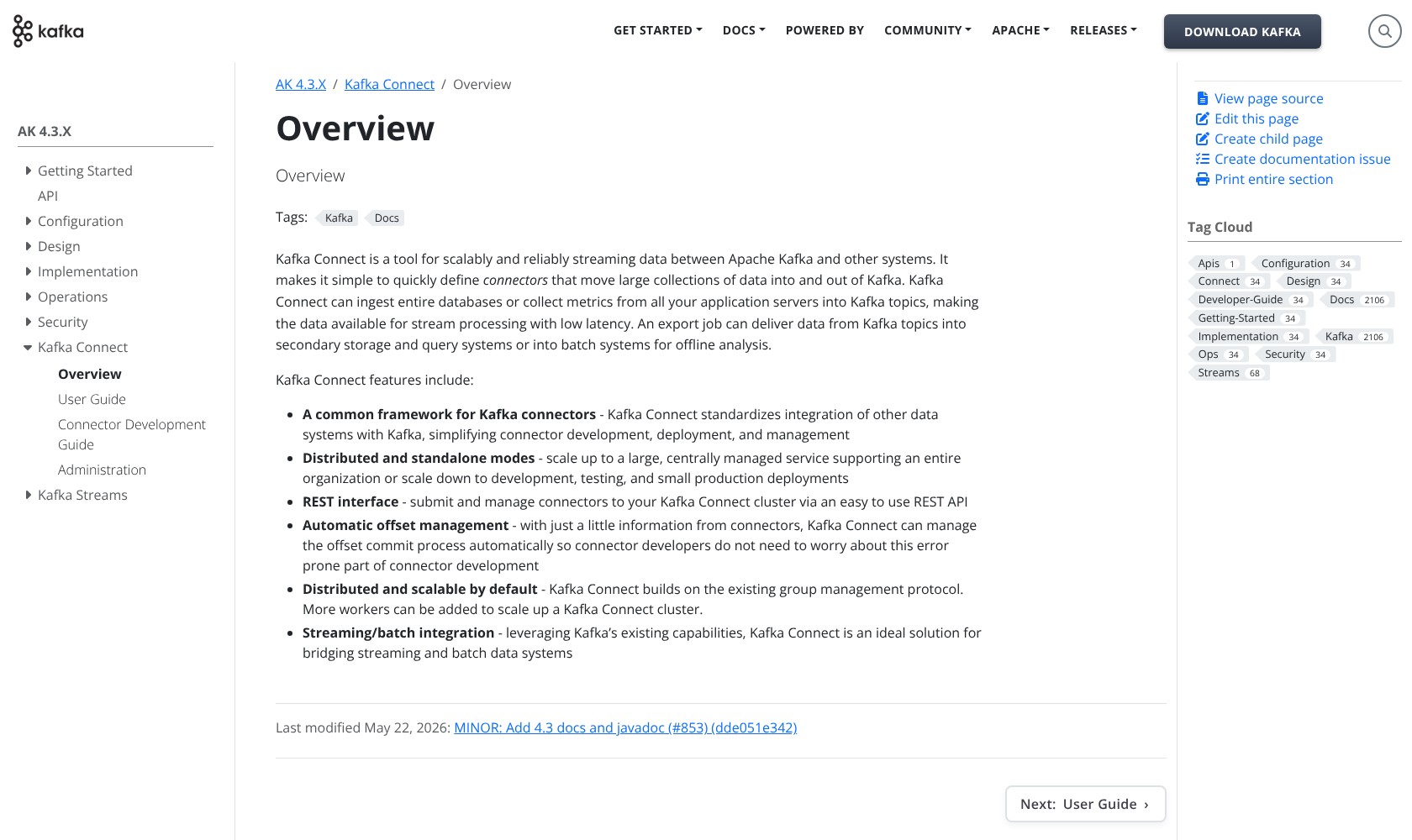 Kafka Connect documentation listing connectors, distributed workers, REST management, and offset handling.
