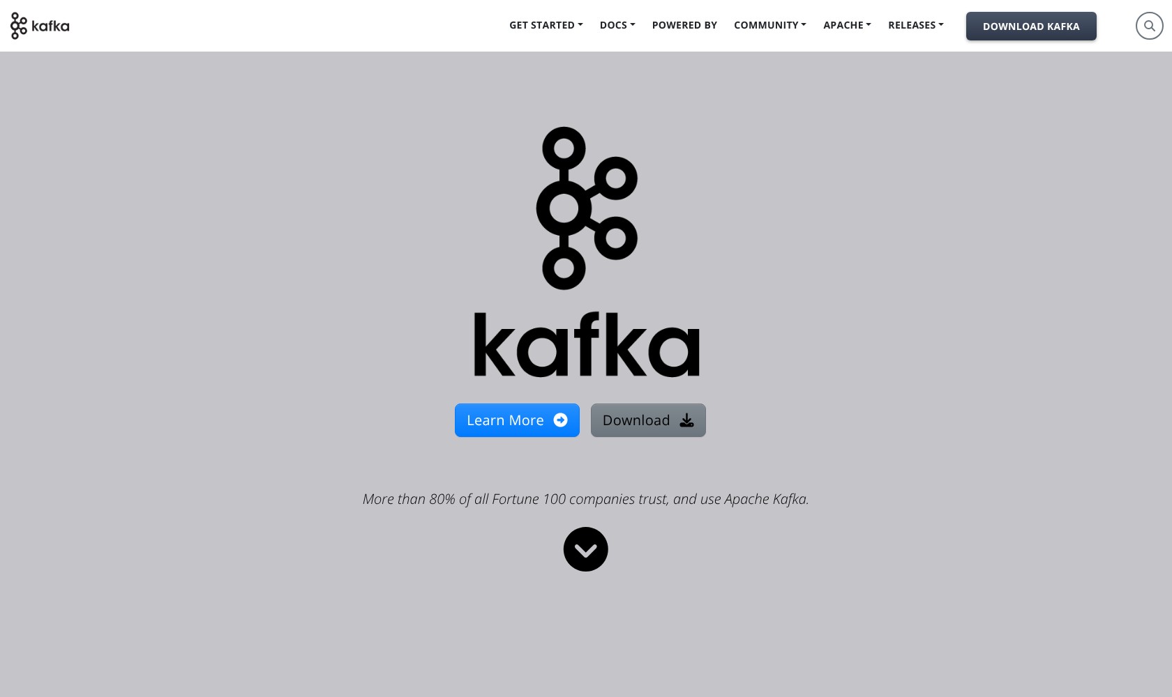 Apache Kafka homepage with its project logo and download options.