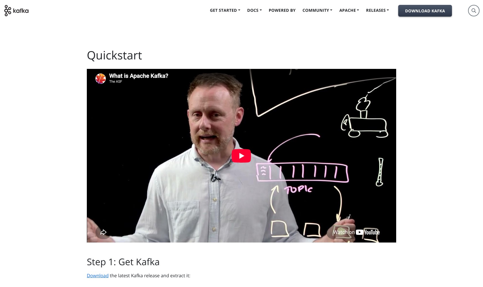 Apache Kafka quickstart page showing an introductory video and the first setup step.