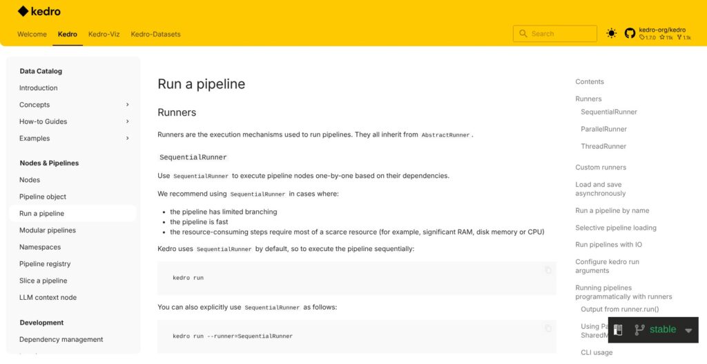 Kedro run a pipeline page, October 2026