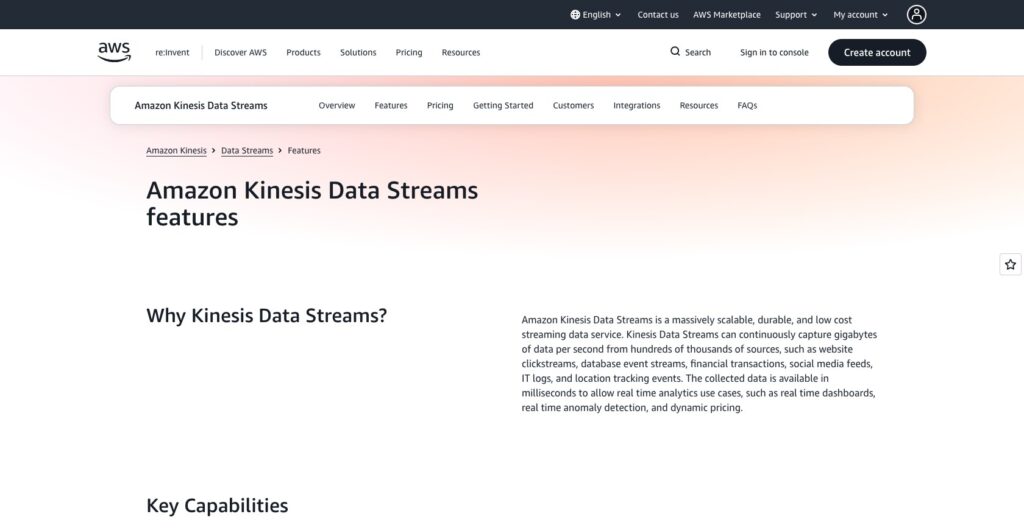 Amazon Kinesis Data Streams features page, October 2026