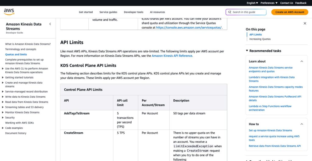 Amazon Kinesis Data Streams quotas and limits page, October 2026