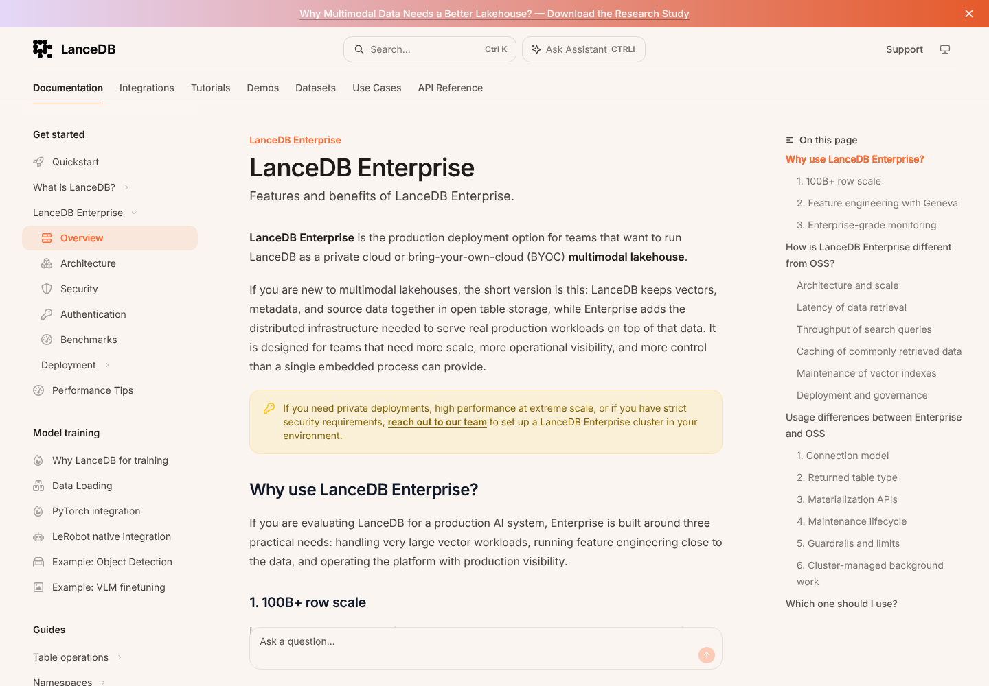 LanceDB Enterprise documentation describing managed and bring-your-own-cloud deployment