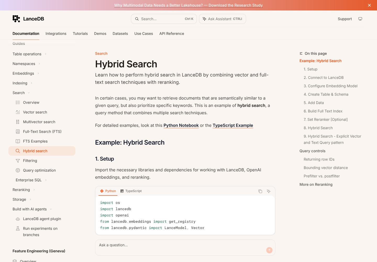 LanceDB documentation explaining hybrid vector and full-text search