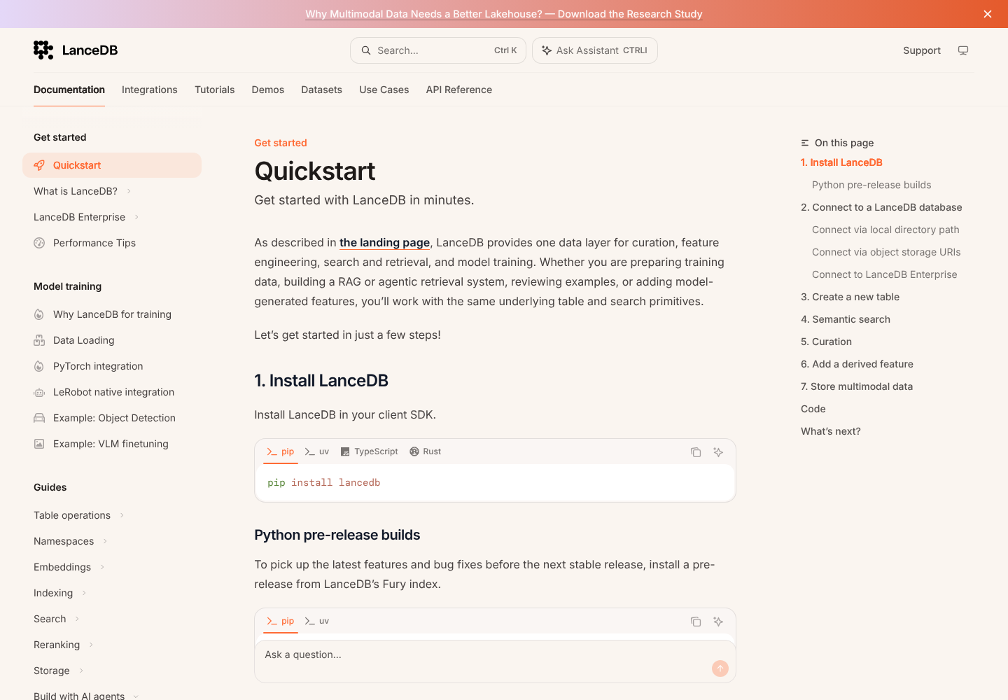 LanceDB official quickstart documentation showing the developer setup workflow