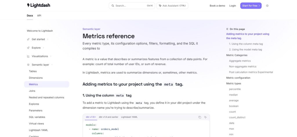 Lightdash metrics reference, October 2026