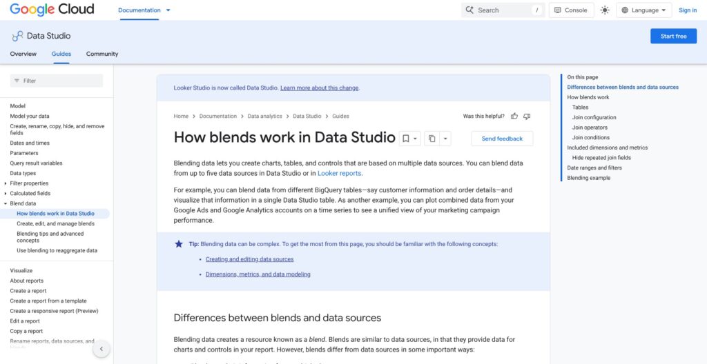 Looker Studio data blending documentation, October 2026