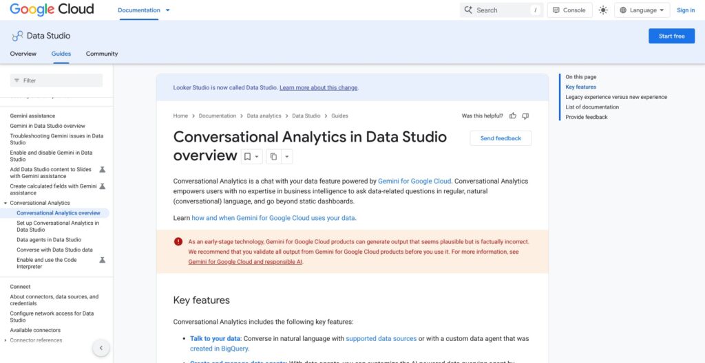 Looker Studio Conversational Analytics documentation, October 2026