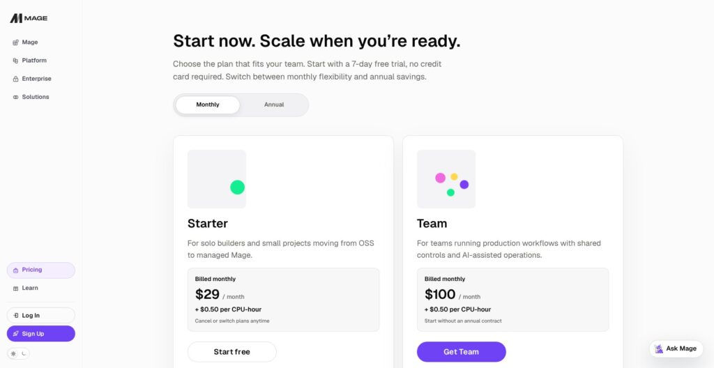 Mage official pricing page